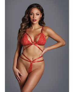 Adore The Flame Strappy Lace Bra & Thong Red O/s