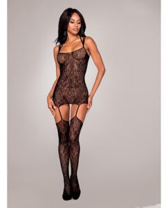 Knitted Lace Design Garter Dress W/criss Cross Back & Attached Garter Thigh Highs Black O/s