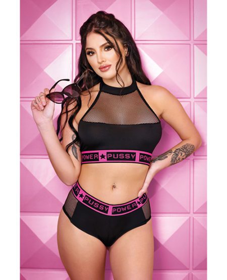 Vibes Pussy Power Micro-net Halter Top & Booty Short Black M/l