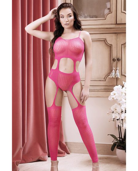 Sheer Afterglow Cut Out Teddy W/attached Footless Stockings Berry Pink O/s