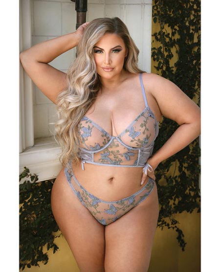 Tease Reese Butterfly Embroidered Mesh Bustier & Panty Periwinkle 3x/4x