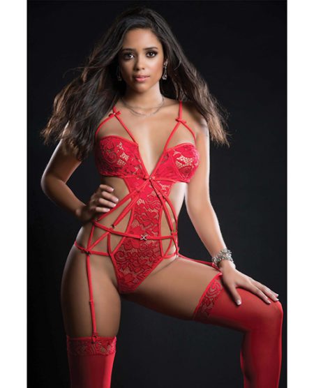 Embroidered Lace Strappy Garter Teddy & Stockings Candy Red O/s