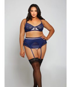 Geometric Lace W/matte Microfiber Bra, Garter Belt & G-string Navy/beige 1x