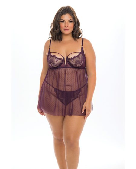 Eve Lace & Pin Dot Mesh Babydoll W/g-string Italian Plum 2x