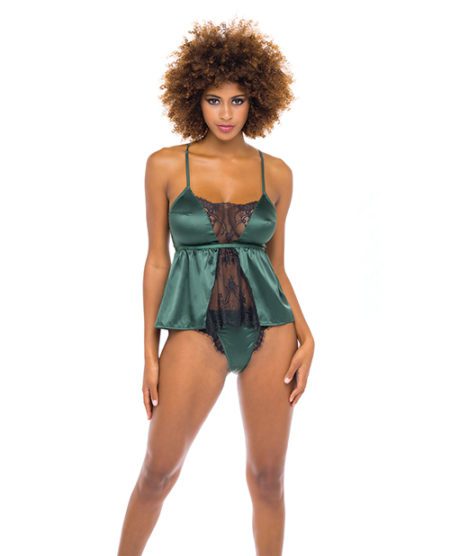 Cammi Eyelash & Satin Cami W/tanga Panty Dark Green/black S/m