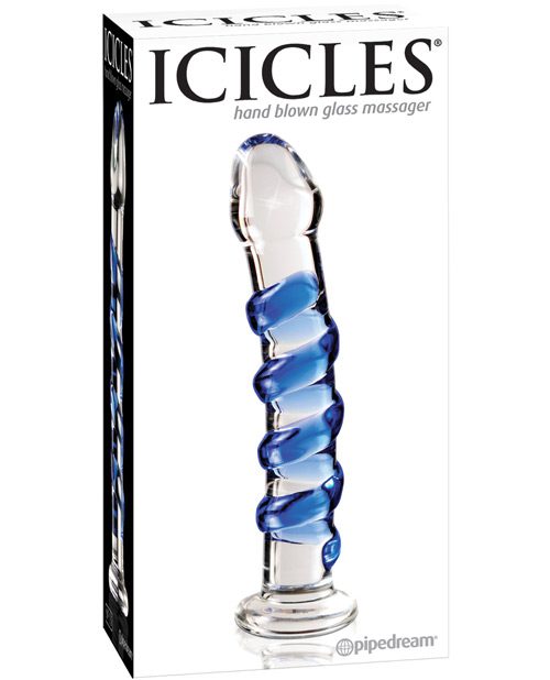 Icicles No. 5 Hand Blown Glass Massager - Clear W/blue Swirls