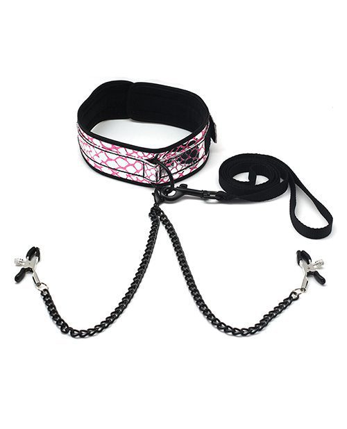 Spartacus Faux Leather Collar & Leash W/black Nipple Clamps - Pink