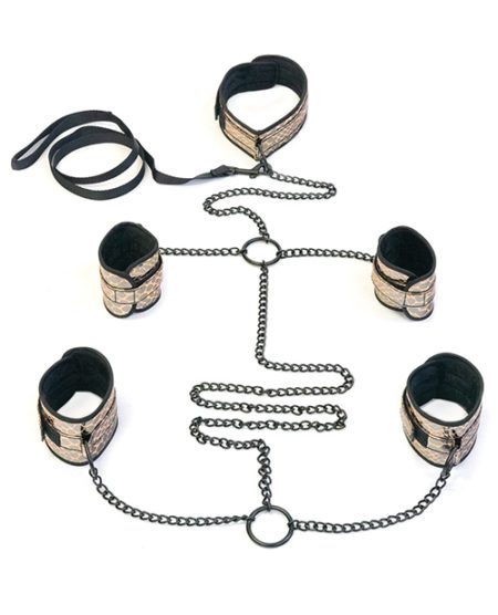 Spartacus Faux Leather Collar To Wrist & Ankle Restraints Bondage Kit W/leash - Gold