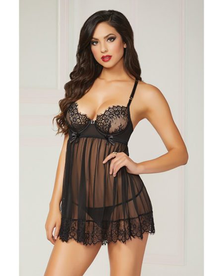 Eyelash Galloon Lace & Mesh Babydoll & Thong Black Lg