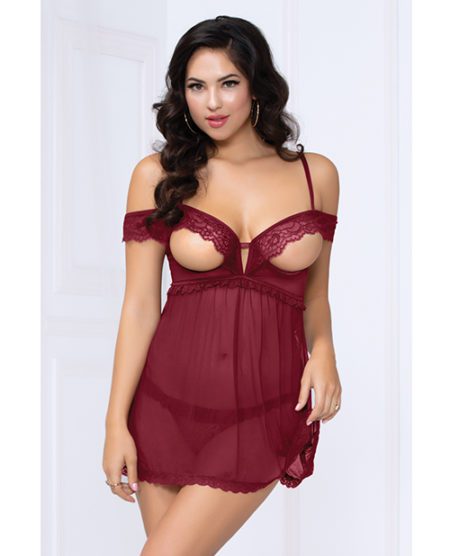 Lace & Mesh Open Cups Babydoll W/fly Away Back & Panty Wine Xl