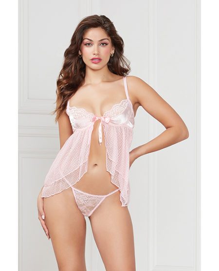 Satin Jacquard Dot Mesh Scallop Lace Babydoll & G-string Light Pink Lg