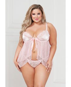 Satin Jacquard Dot Mesh Scallop Lace Babydoll & G-string Light Pink 1x/2x