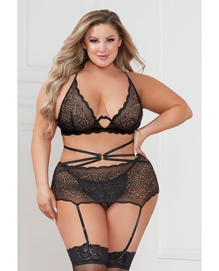 Galloon Lace Bra, Garter Skirt & G-string Black Qn