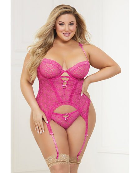 Stretch Floral Lace Bustier & G-string Fuchsia Qn